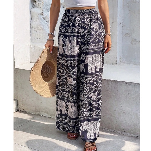 Boho Floral Elephant Print Wide leg Pants - Picture 1 of 4
